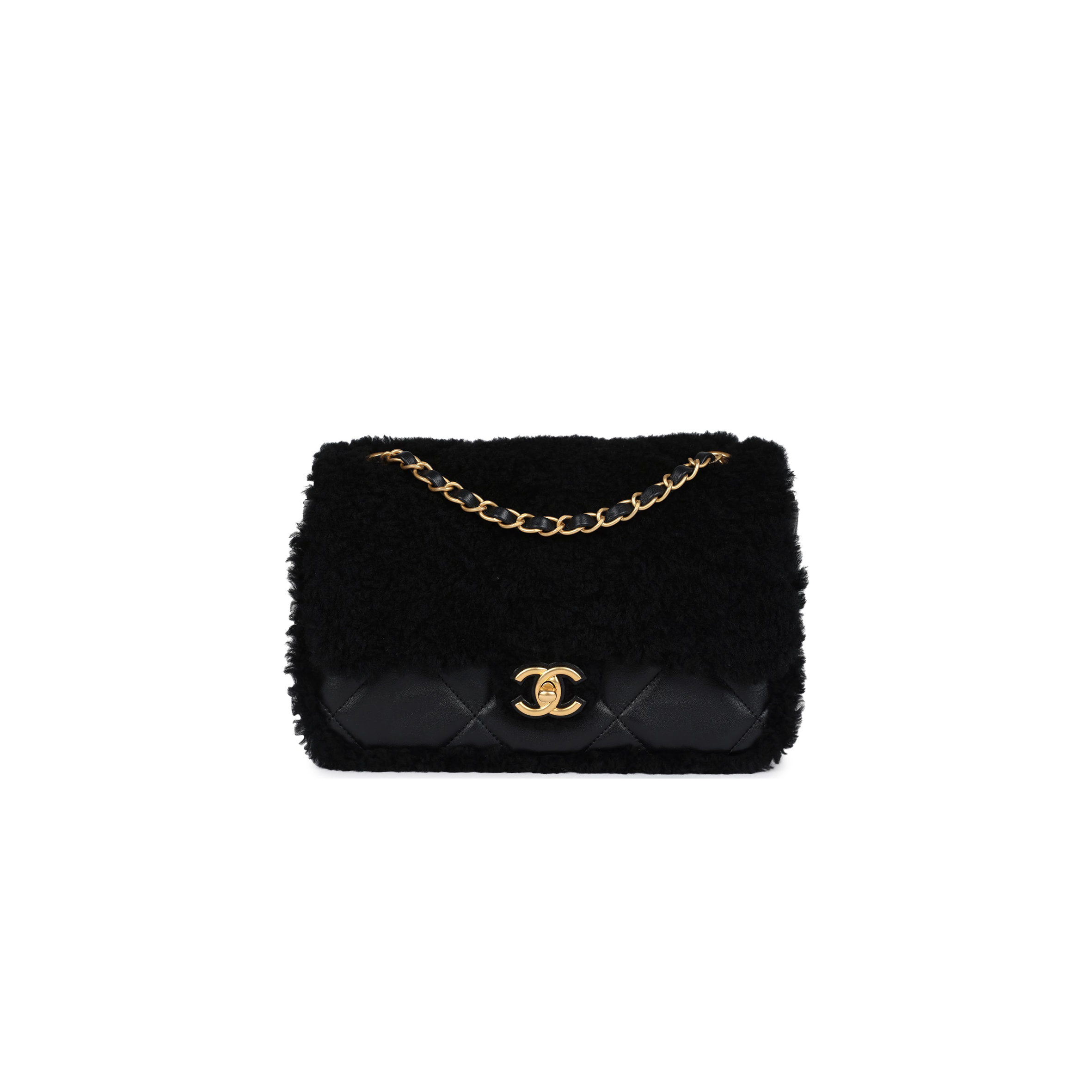 Ch*el medium shearling flap bag black lambskin brushed gold hardware  (23.5*16*7.5cm)